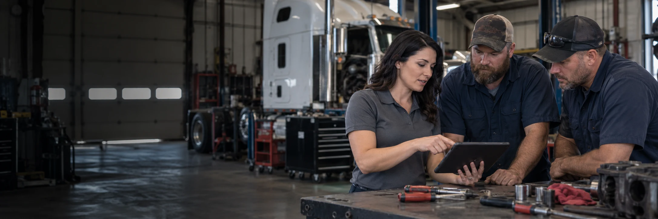 A consultant and two mechanics reviewing a tablet in a heavy-duty repair shop